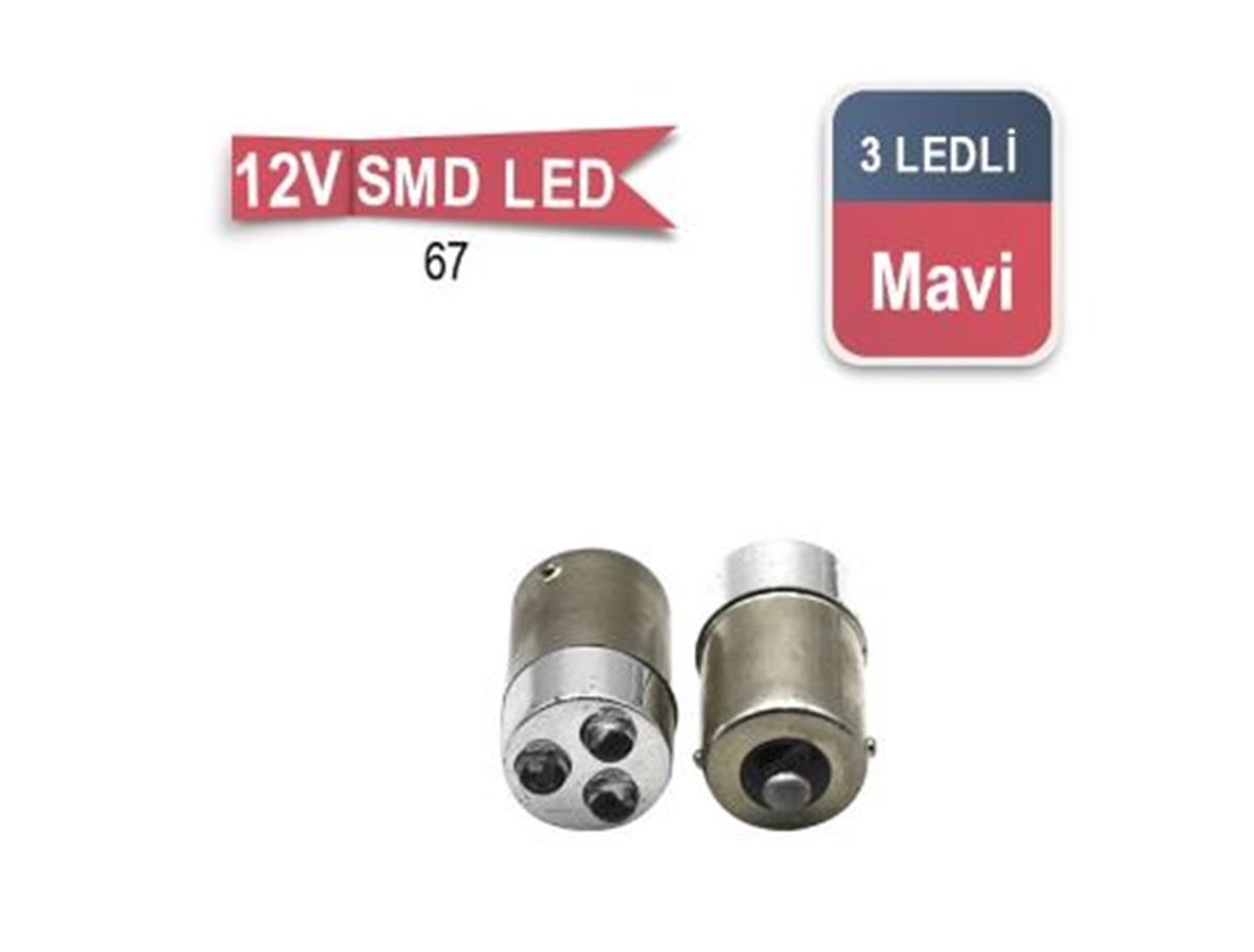 67 AMPUL LED 12V MAVİ 3 LED TAKIM KOD:0403009