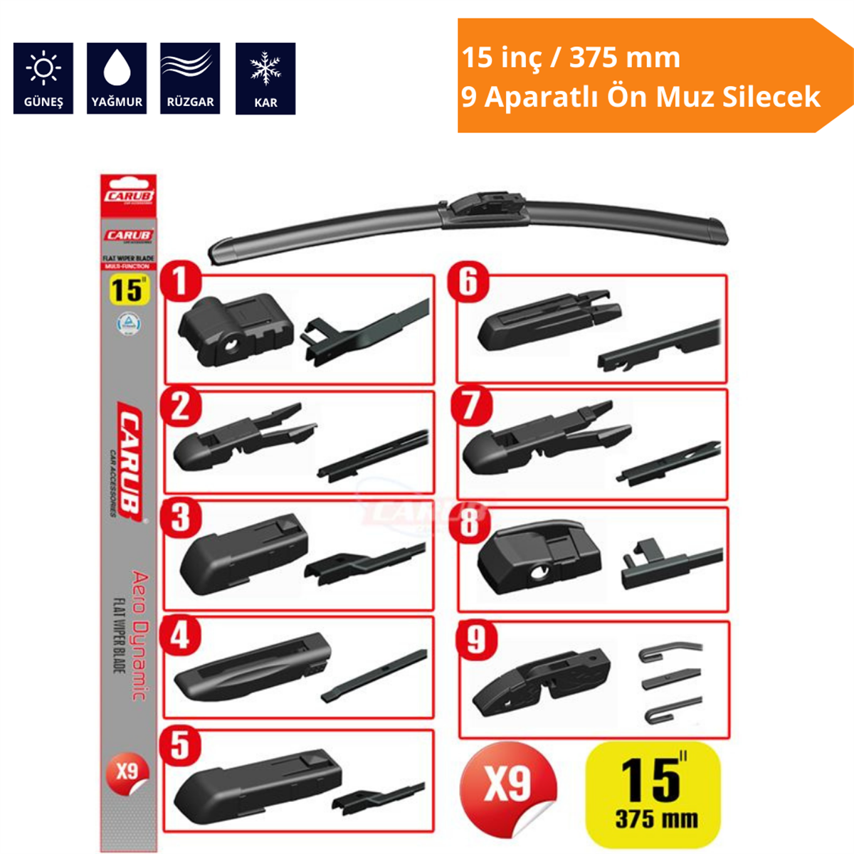 9 Aparatlı Ön Muz Silecek 15 inç/375 mm Kod:1353352