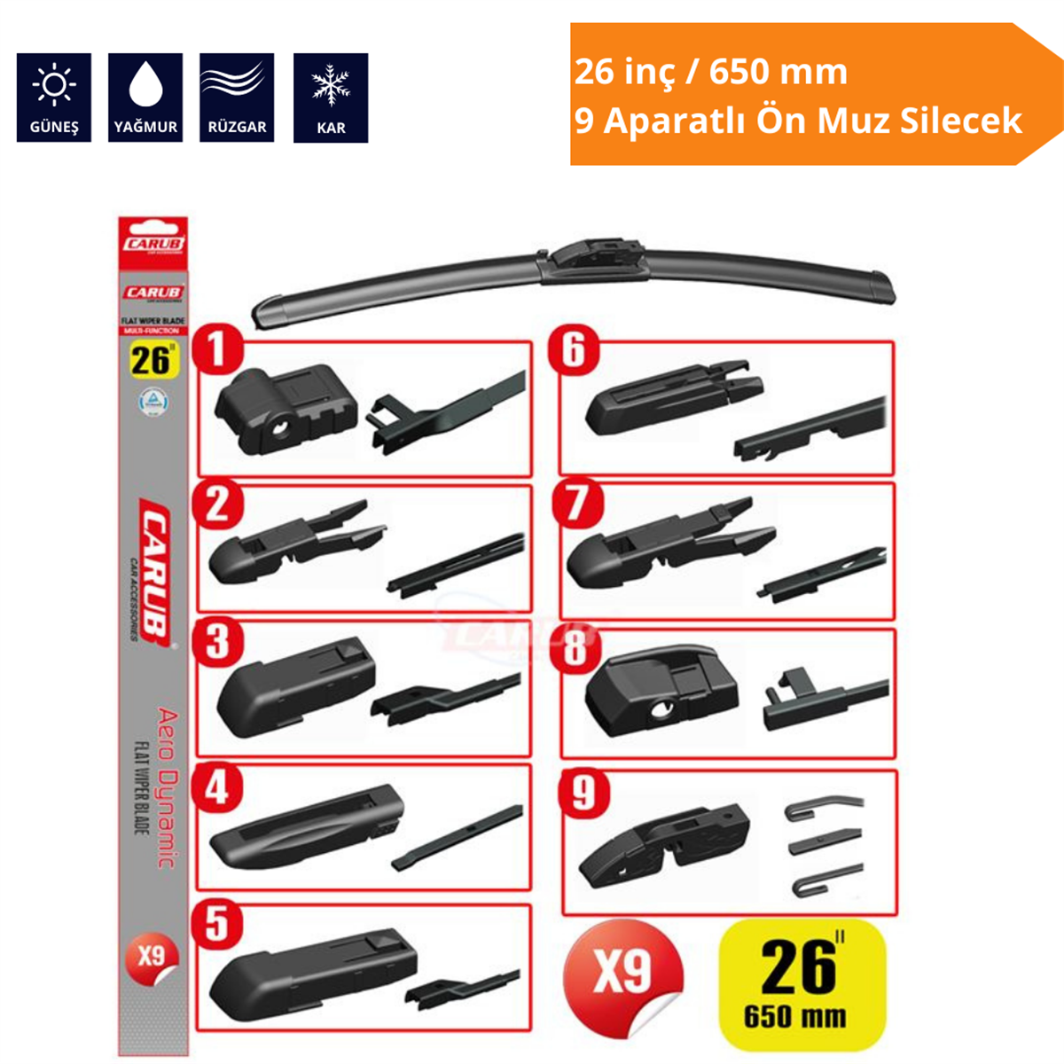 9 Aparatlı Ön Muz Silecek 26 inç/650 mm Kod:1353361