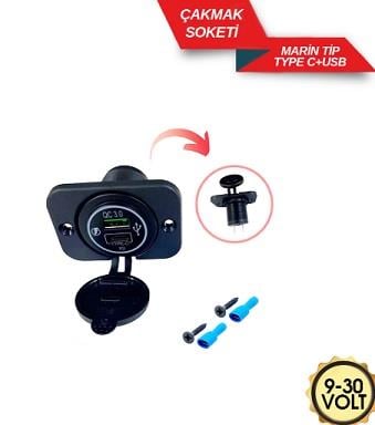 ÇAKMAK SOKETİ 9-30V MARİNE TYPE C+USB KOD:1700814