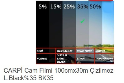 CAM FİLMİ ÇİZİLMEZ 100CMX30M L.BLACK %35 1212405