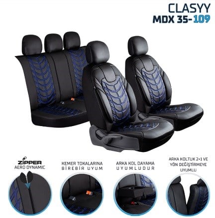 CLASYY DERİ OTO KOLTUK KILIFI SİYAH. NAKIŞ MAVİ KOD:MDX35-109