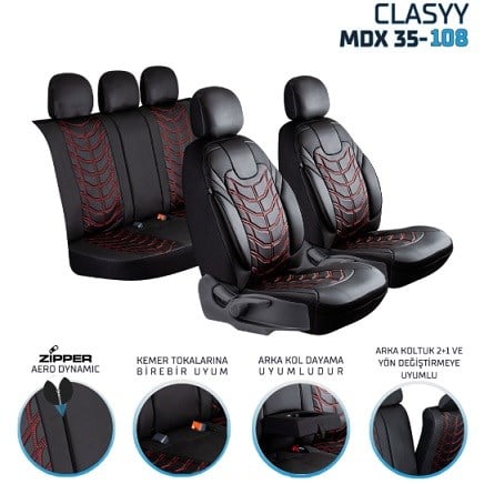 CLASYY DERİ OTO KOLTUK KILIFI SİYAH. NAKIŞ KIRMIZI KOD:MDX35-108