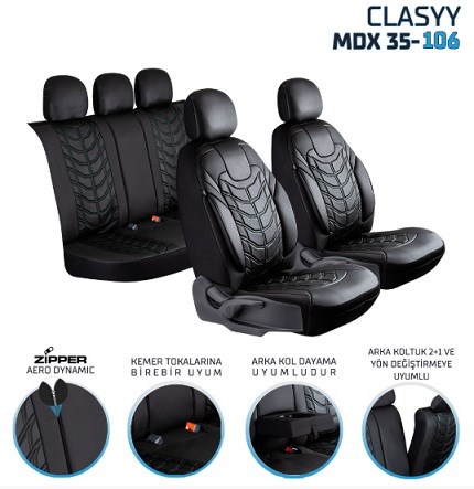 CLASYY KOMPLE DERİ OTO KOLTUK KILIFI SİYAH. NAKIŞ SİYAH KOD:MDX35-107