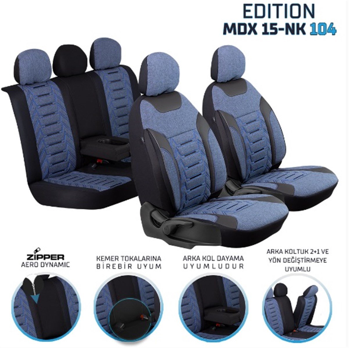 EDİTİON NAKIŞ KETEN OTO KILIFI FERMUARLI MAVİ MDX15-NK104