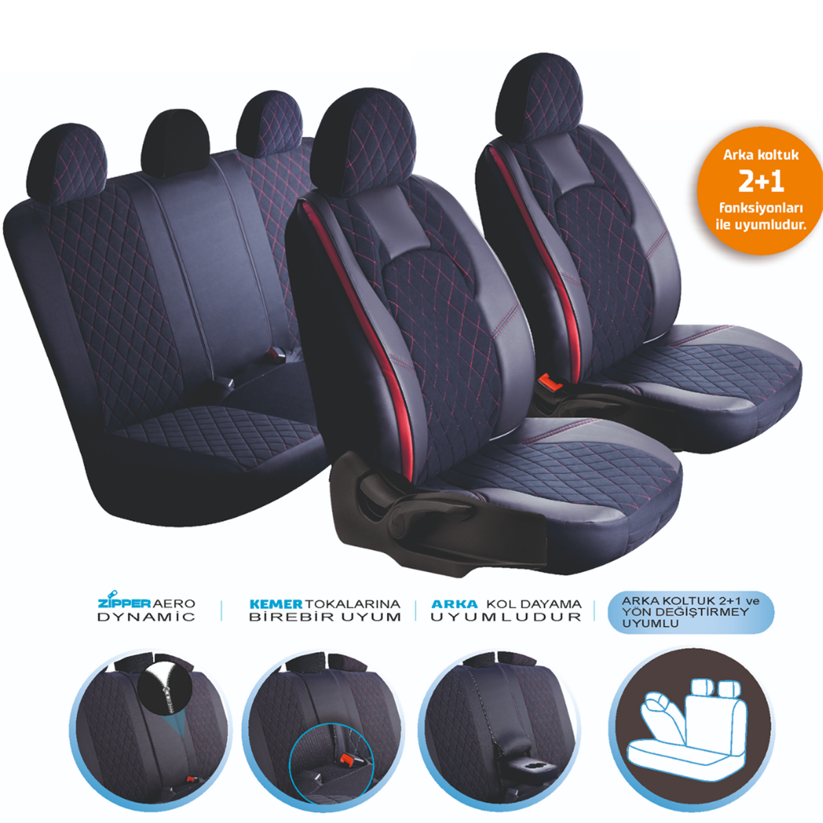 KOLTUK KILIFI CHESTER FERMUARLI SİYAH NAKIŞ KIRMIZI MDX25-102