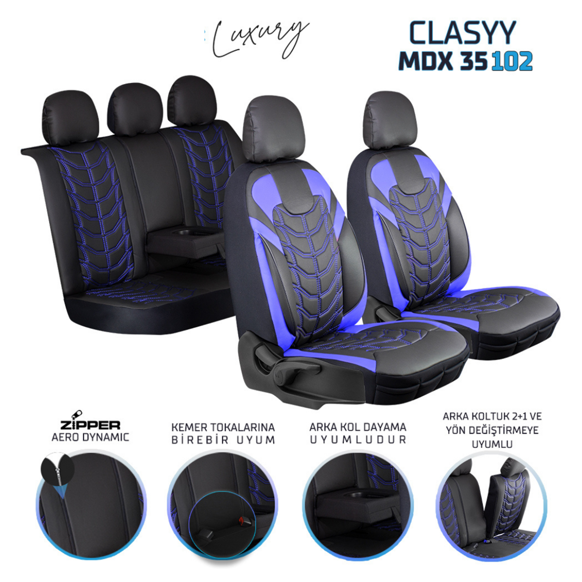 KOLTUK KILIFI KOMPLE DERİ CLASSY SİYAH MAVİ KOD:35-102