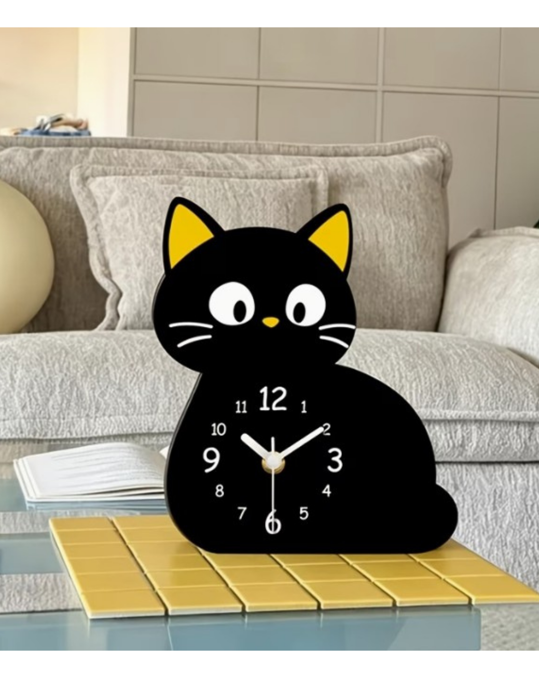 Siyah Kedi Figürlü Pleksi Masa Saati  Dekoratif Çocuk Odası ve Ev Dekoru
