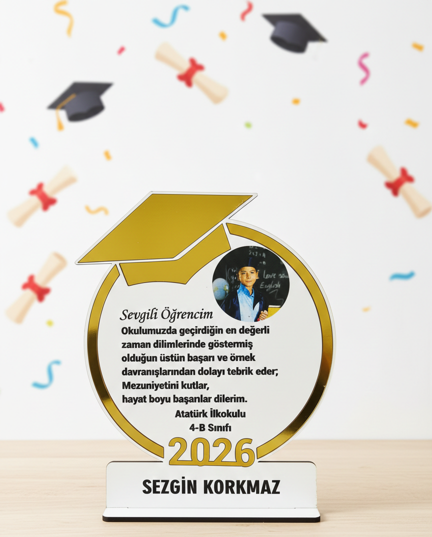 Ahşap Pleksi Detaylı Fotoğraflı Mezuniyet Plaketi