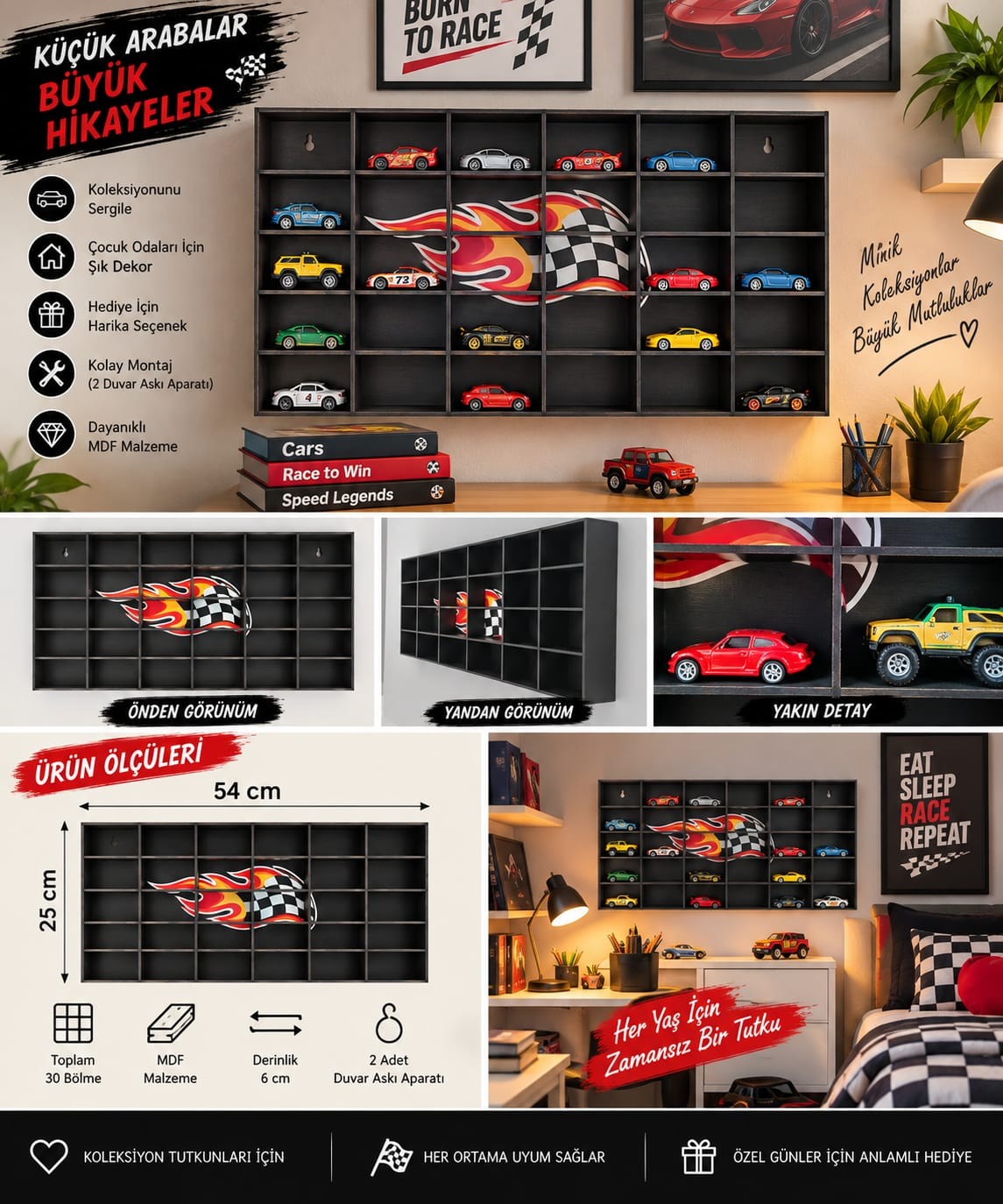 30 Araçlık Duvara Monte Oyuncak Araba Rafı, 1/64 Araba Rafı, Hotwheels Araba Rafı