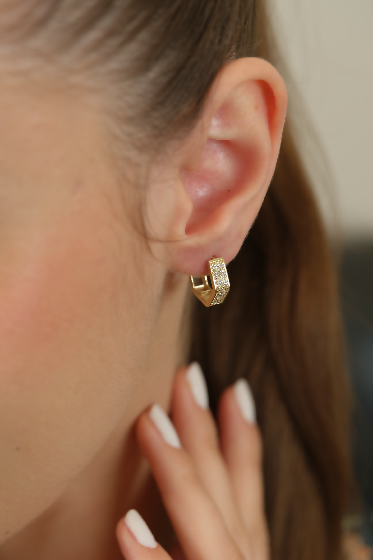 14 Ayar Altın Stone Altıgen Küpe