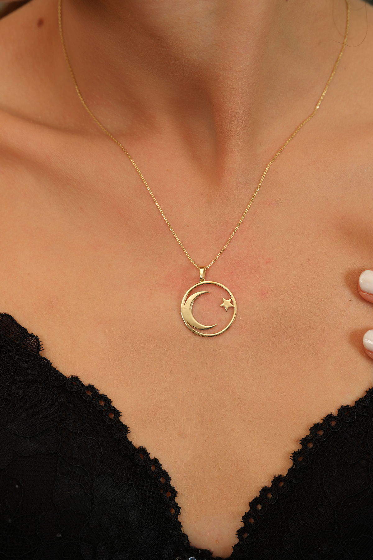 14 Ayar Altın Çerçeveli Ay Yıldız Kolye