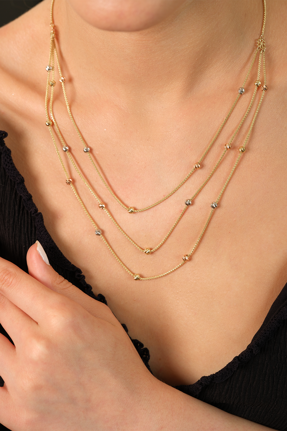 14 Ayar Altın İtalyan Popcorn Üçlü Dorika Kolye