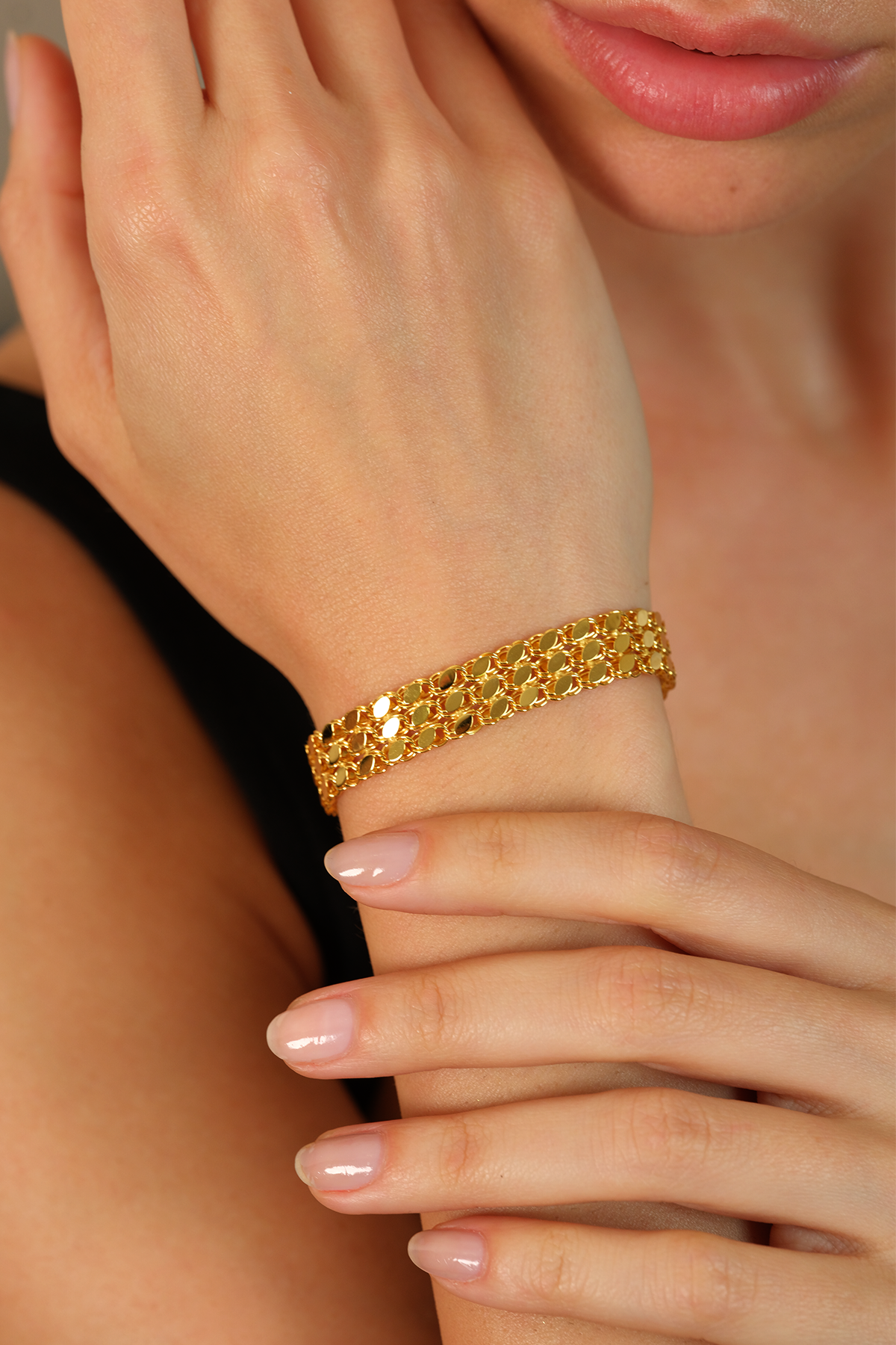 14 Ayar Altın Koyu Renk Üçlü Pullu Bileklik