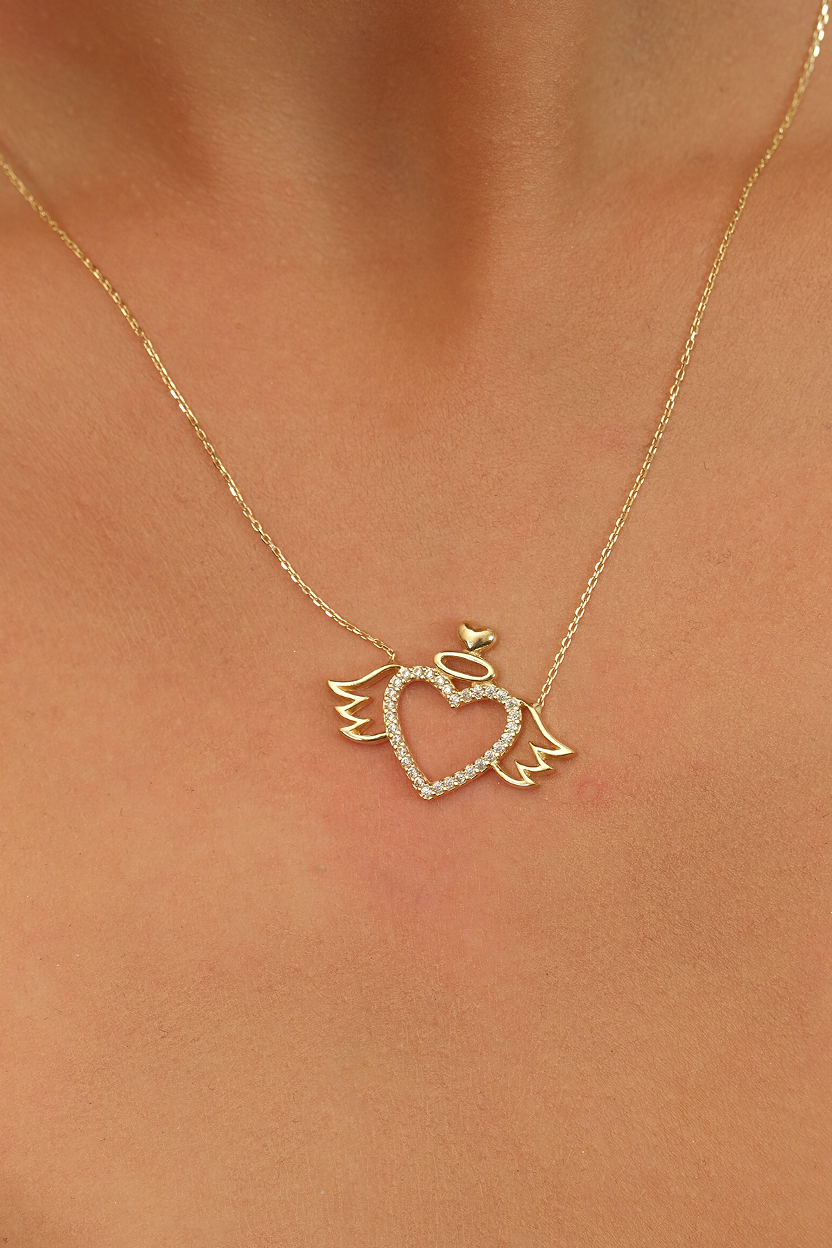 14 Ayar Altın Melekli Kalp Kolye