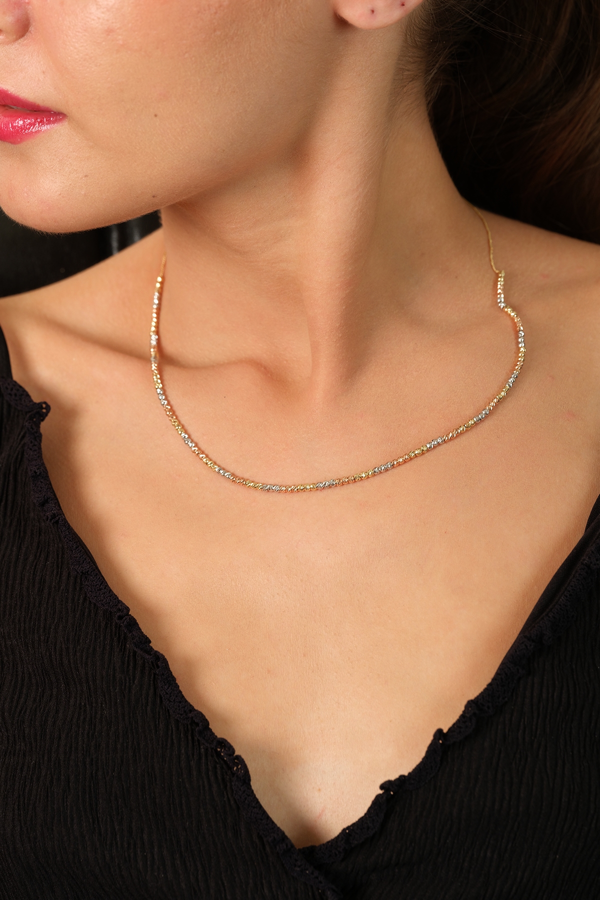 14 Ayar Altın Üç Renk Dorika Toplu Kolye