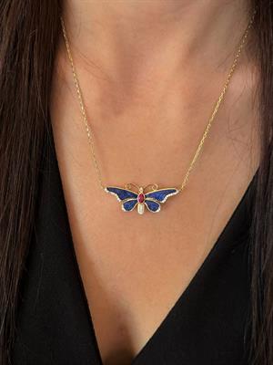14 Ayar Altın Mavi Kelebek Figür Tasarım Kolye