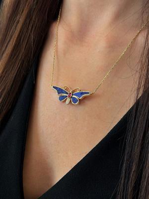 14 Ayar Altın Mavi Kelebek Figür Tasarım Kolye