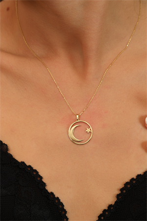14 Ayar Altın Çerçeveli Ay Yıldız Kolye