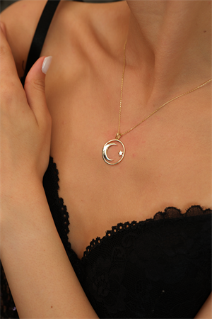 14 Ayar Altın Çerçeveli Ay Yıldız Kolye