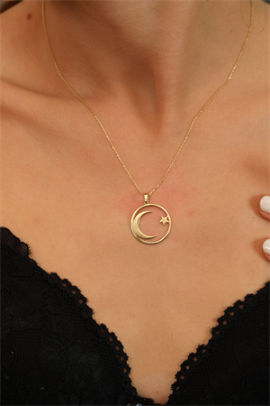 14 Ayar Altın Çerçeveli Ay Yıldız Kolye