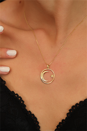 14 Ayar Altın Çerçeveli Ay Yıldız Kolye