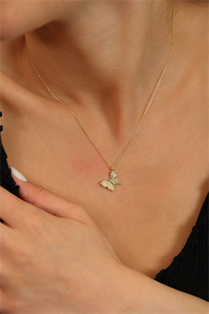 14 Ayar Altın İnce Taş Detaylı Kelebek Kolye