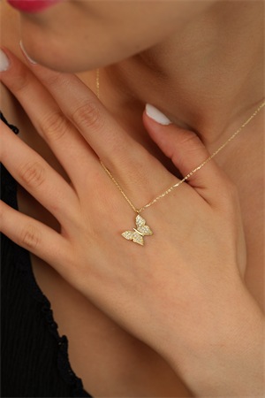 14 Ayar Altın İnce Taş Detaylı Kelebek Kolye