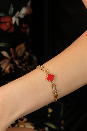 14 Ayar Altın Kırmızı Yonca Dorikalı Gurmet Bileklik