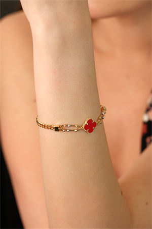 14 Ayar Altın Kırmızı Yonca Dorikalı Gurmet Bileklik