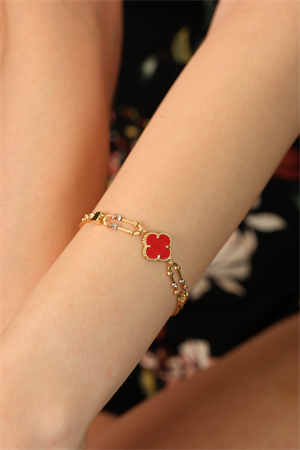 14 Ayar Altın Kırmızı Yonca Dorikalı Gurmet Bileklik