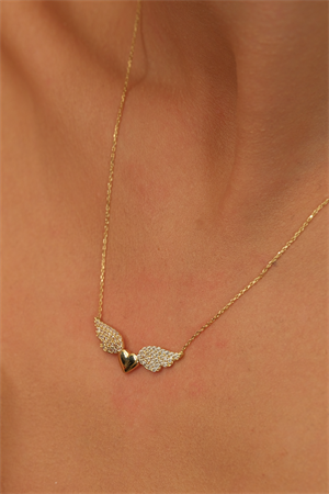 14 Ayar Altın Melek Kanatlı Taşlı Kalp Kolye