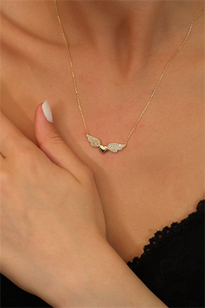 14 Ayar Altın Melek Kanatlı Taşlı Kalp Kolye