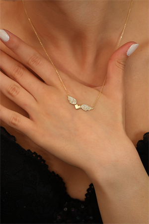 14 Ayar Altın Melek Kanatlı Taşlı Kalp Kolye