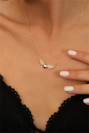 14 Ayar Altın Melek Kanatlı Taşlı Kalp Kolye