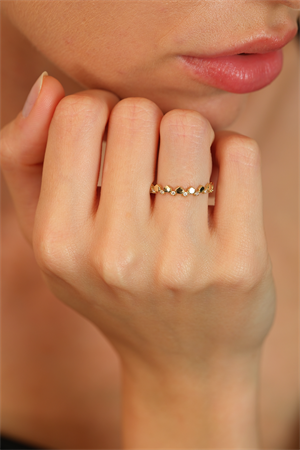 14 Ayar Altın Mini Taşlı Beşgen Eklem Yüzük