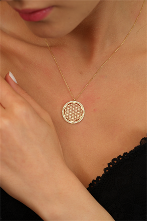 14 Ayar Altın Minimal Taşlı Yaşam Çiçeği Kolye