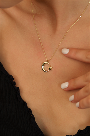 14 Ayar Altın Oval Ay Yıldız Kolye