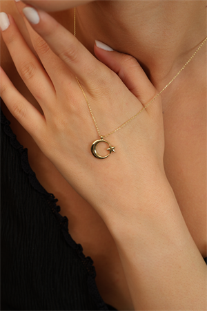 14 Ayar Altın Oval Ay Yıldız Kolye