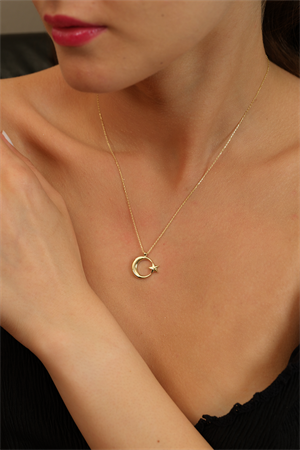 14 Ayar Altın Oval Ay Yıldız Kolye