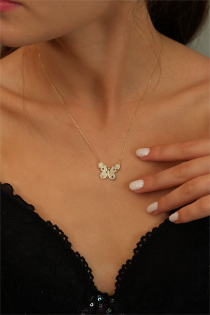 14 Ayar Altın Renkli Taşlı Kelebek Kolye