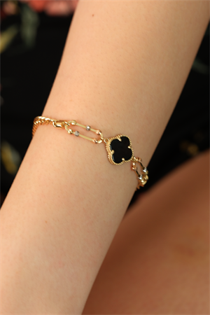 14 Ayar Altın Siyah Yonca Dorikalı Gurmet Bileklik