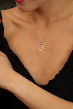 14 Ayar Altın Taşlı Ay Yıldız Kolye