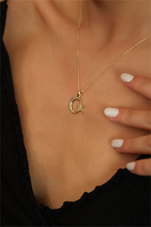 14 Ayar Altın Taşlı Ay Yıldız Kolye