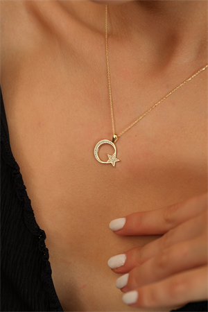 14 Ayar Altın Taşlı Ay Yıldız Kolye