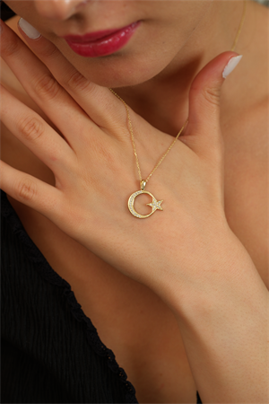 14 Ayar Altın Taşlı Ay Yıldız Kolye