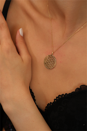 14 Ayar Altın Yaşam Çiçeği Desenli Kolye