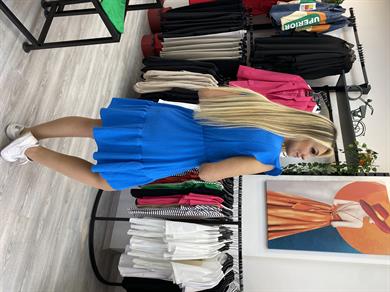 Mavi V yaka Eteği Katlı Mini Elbise