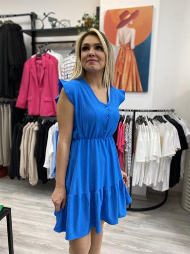 Mavi V yaka Eteği Katlı Mini Elbise