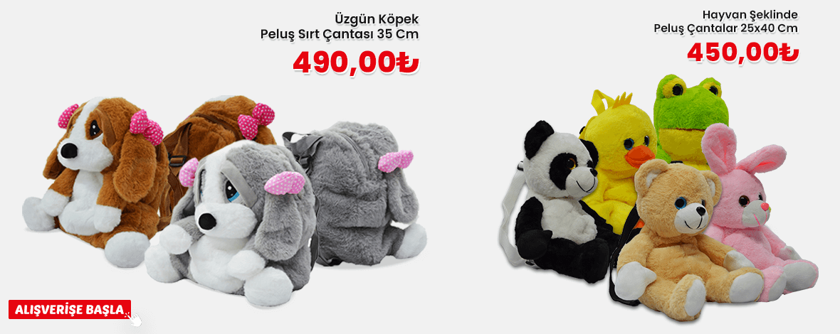 Halley Oyuncak, Üzgün Köpek, Peluş Kurbağa, Peluş Ördek, Peluş Ayı, Peluş Panda ve Peluş Tavşan Sırt Çantalarıyla çocuklara eğlenceli, pratik ve sevimli çanta seçenekleri sunar.